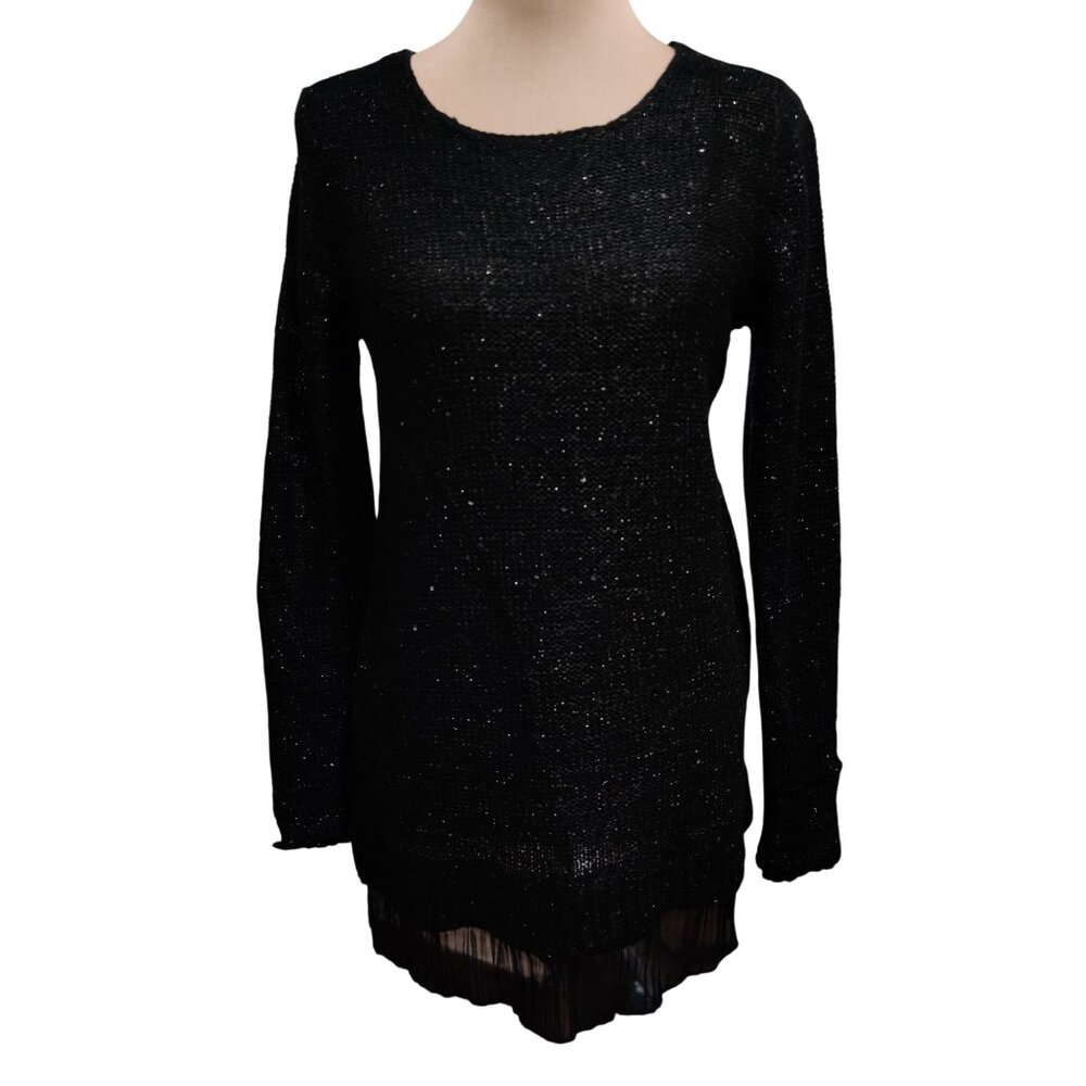 Black Sequin Knit Tunic Sweater Size M Sheer Hem Goth Glam Sparkle Party Evening